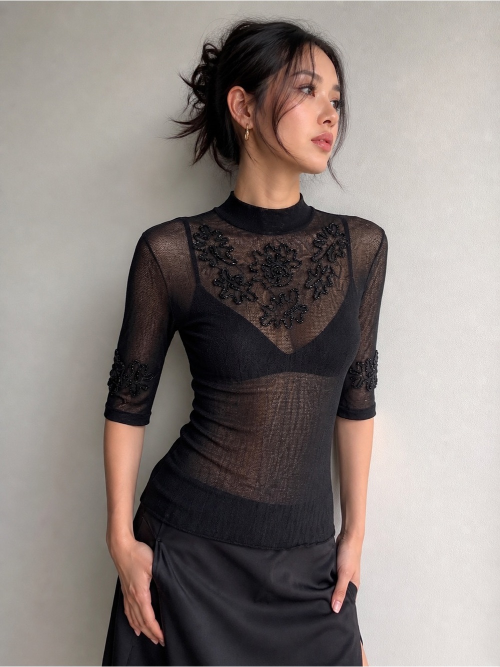Vivienne Tam Sheer Mesh Beaded Top Black Y2K Avant Garde Mock Neck Size 2-Chic